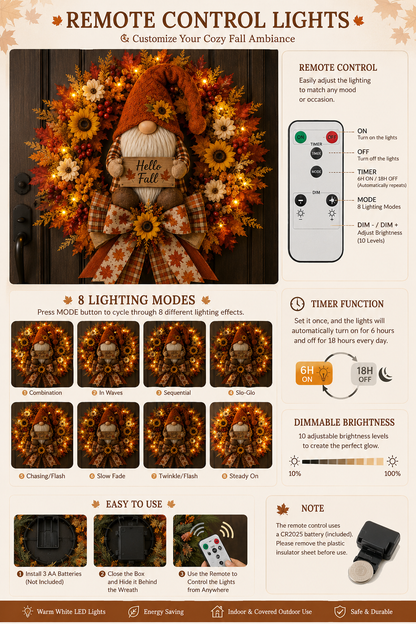 🍂Lighted Fall Gnome Wreath with Remote Control – Cozy Autumn Door & Window Decor