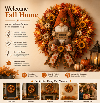 🍂Lighted Fall Gnome Wreath with Remote Control – Cozy Autumn Door & Window Decor