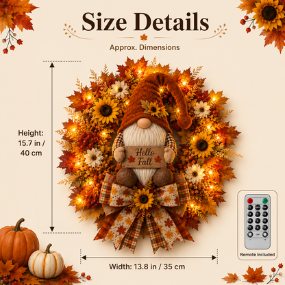 🍂Lighted Fall Gnome Wreath with Remote Control – Cozy Autumn Door & Window Decor