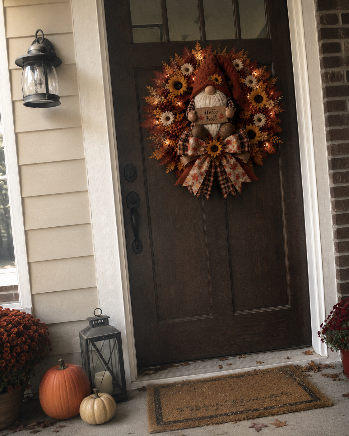 🍂Lighted Fall Gnome Wreath with Remote Control – Cozy Autumn Door & Window Decor
