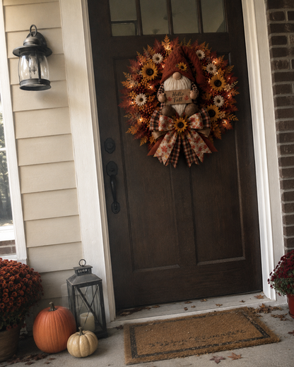 🍂Lighted Fall Gnome Wreath with Remote Control – Cozy Autumn Door & Window Decor