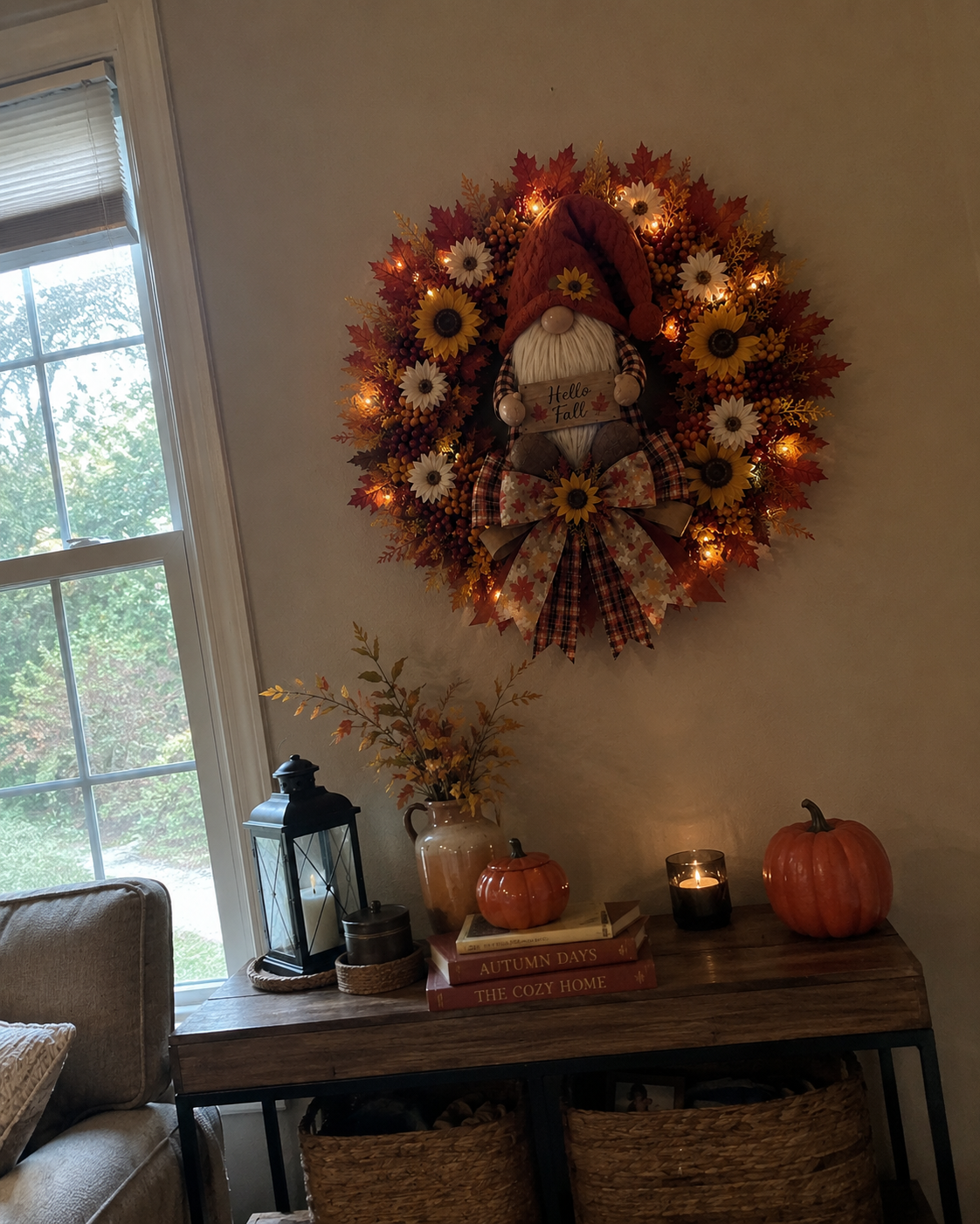 🍂Lighted Fall Gnome Wreath with Remote Control – Cozy Autumn Door & Window Decor