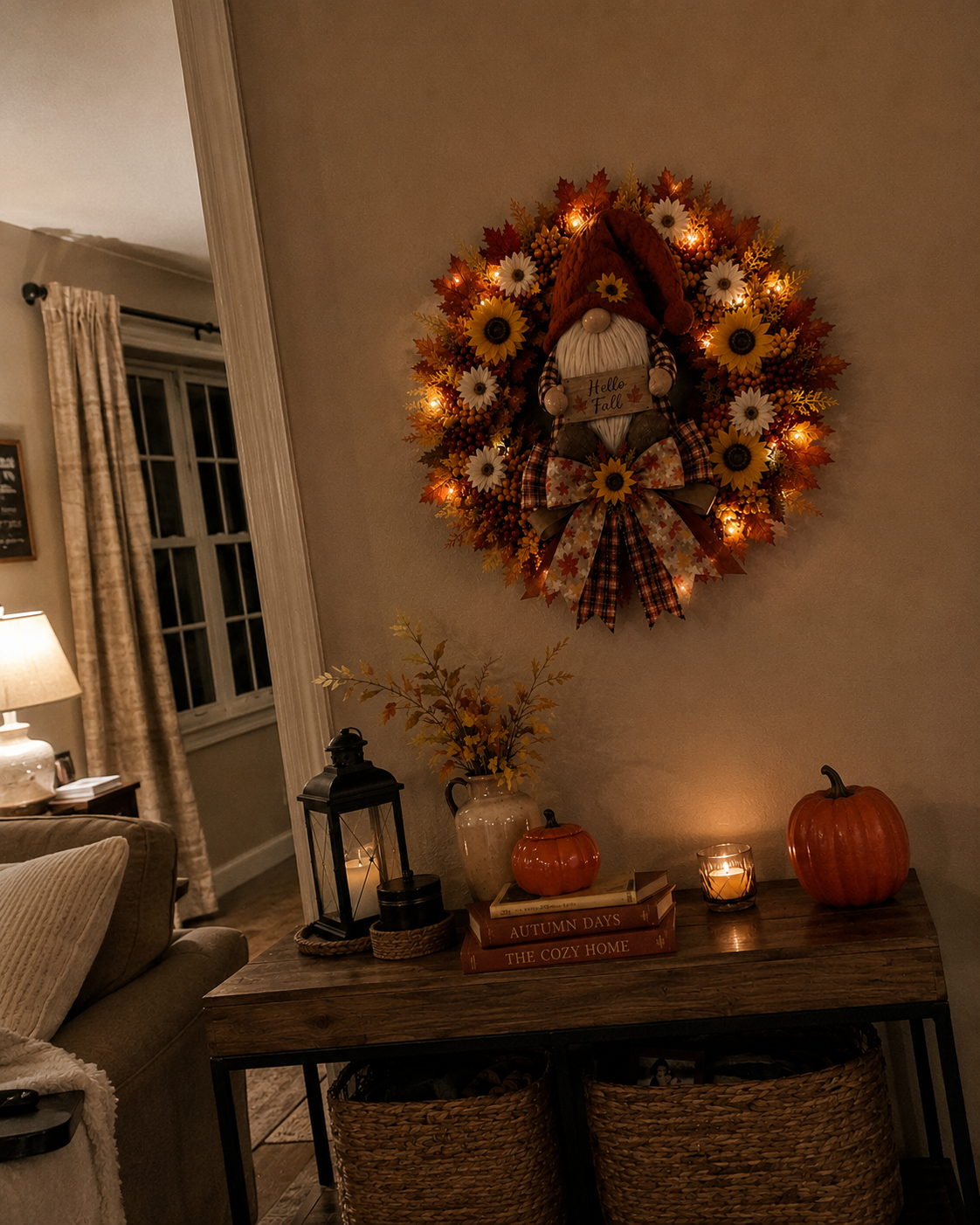 🍂Lighted Fall Gnome Wreath with Remote Control – Cozy Autumn Door & Window Decor