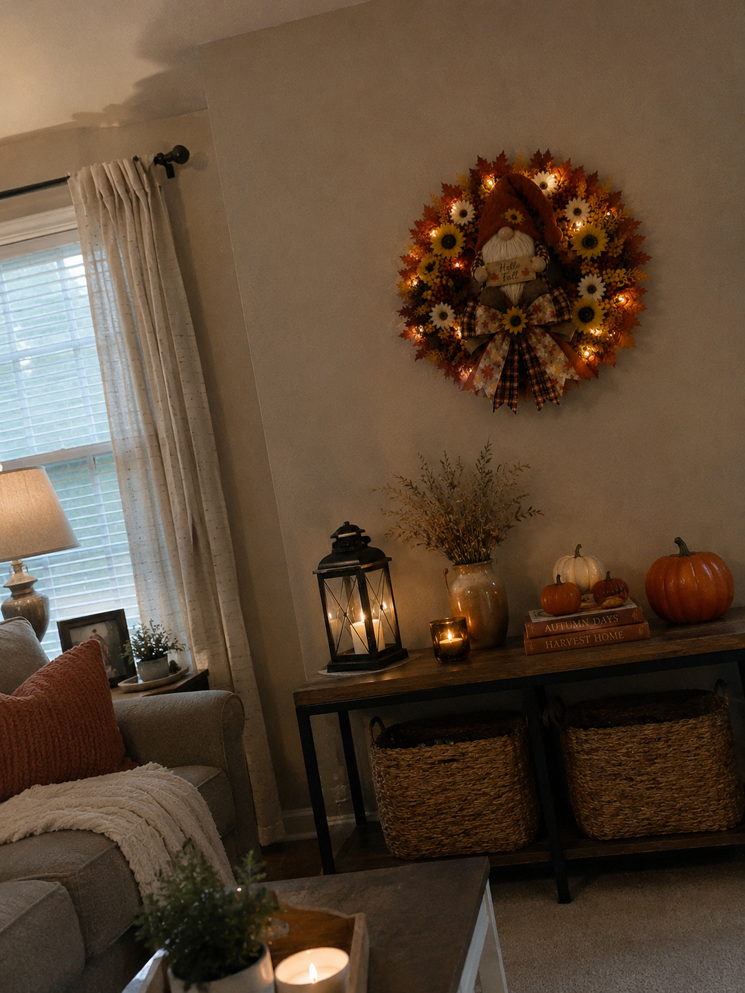 🍂Lighted Fall Gnome Wreath with Remote Control – Cozy Autumn Door & Window Decor