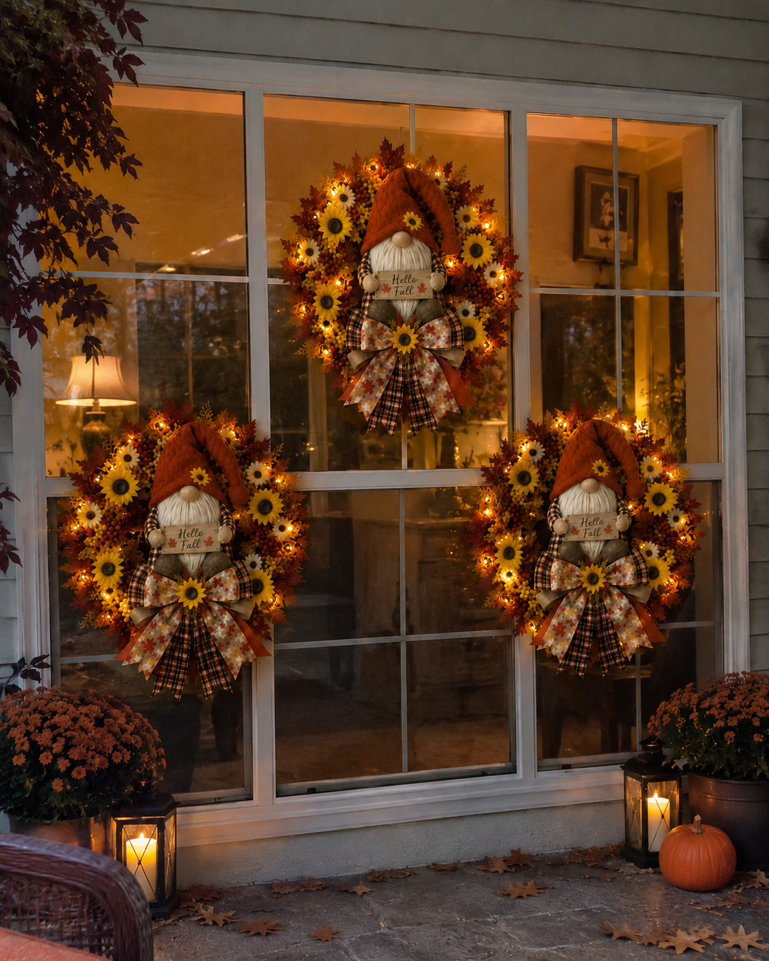 🍂Lighted Fall Gnome Wreath with Remote Control – Cozy Autumn Door & Window Decor