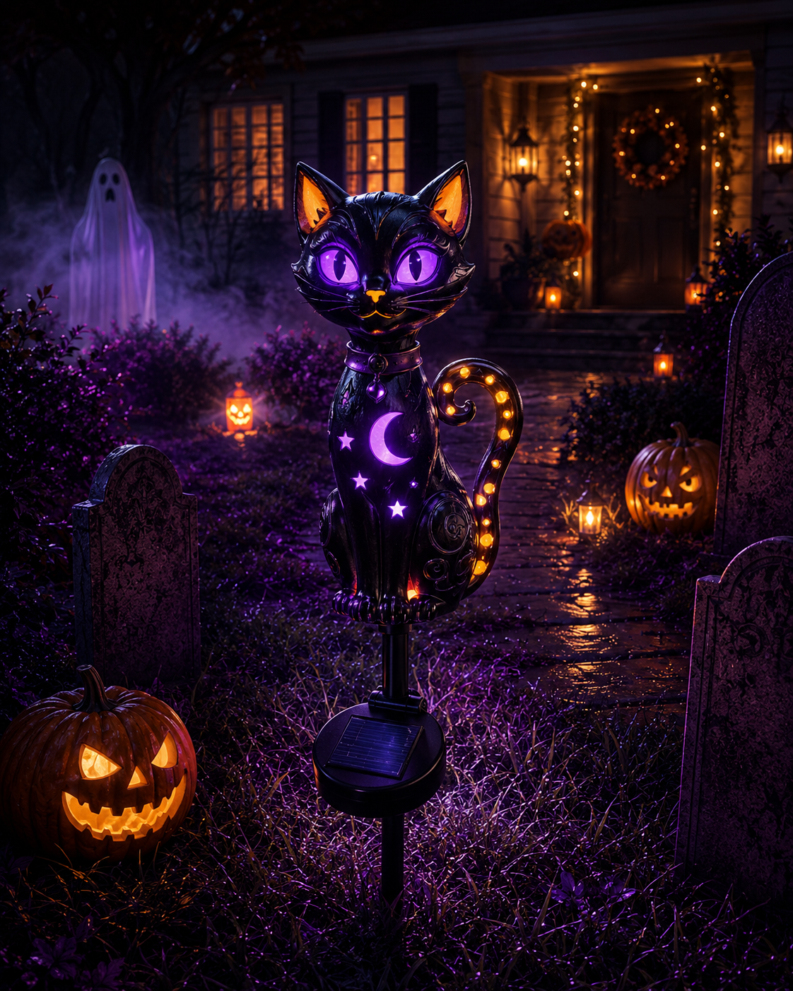 🔥 Get Ready for Spooky Season 🎃 Solar Black Cat Purple Glow Outdoor Garden Stake Light 💜✨