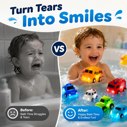 🚗 6PCS Water-Activated Light-Up Bath Toy Cars – Traffic & Construction Vehicles for Kids