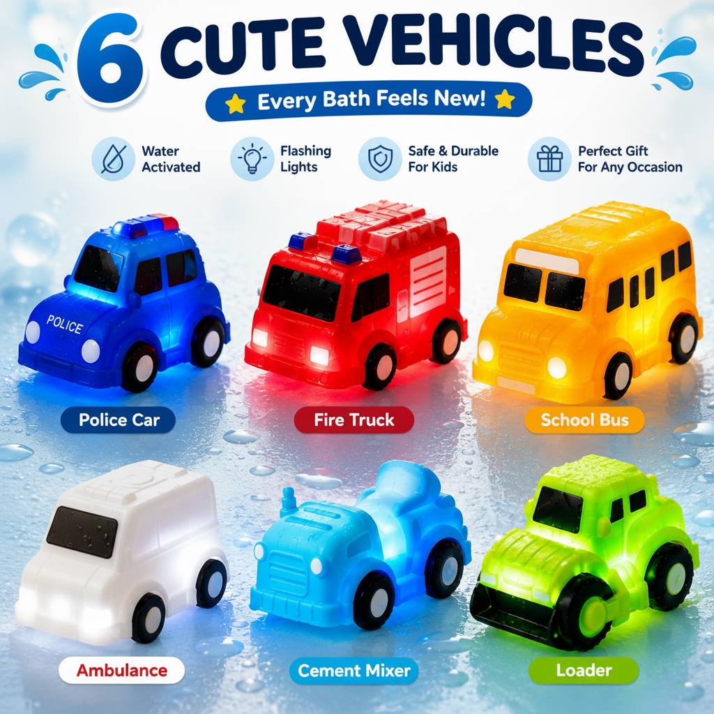 🚗 6PCS Water-Activated Light-Up Bath Toy Cars – Traffic & Construction Vehicles for Kids