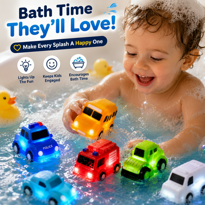 🚗 6PCS Water-Activated Light-Up Bath Toy Cars – Traffic & Construction Vehicles for Kids