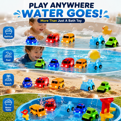 🚗 6PCS Water-Activated Light-Up Bath Toy Cars – Traffic & Construction Vehicles for Kids