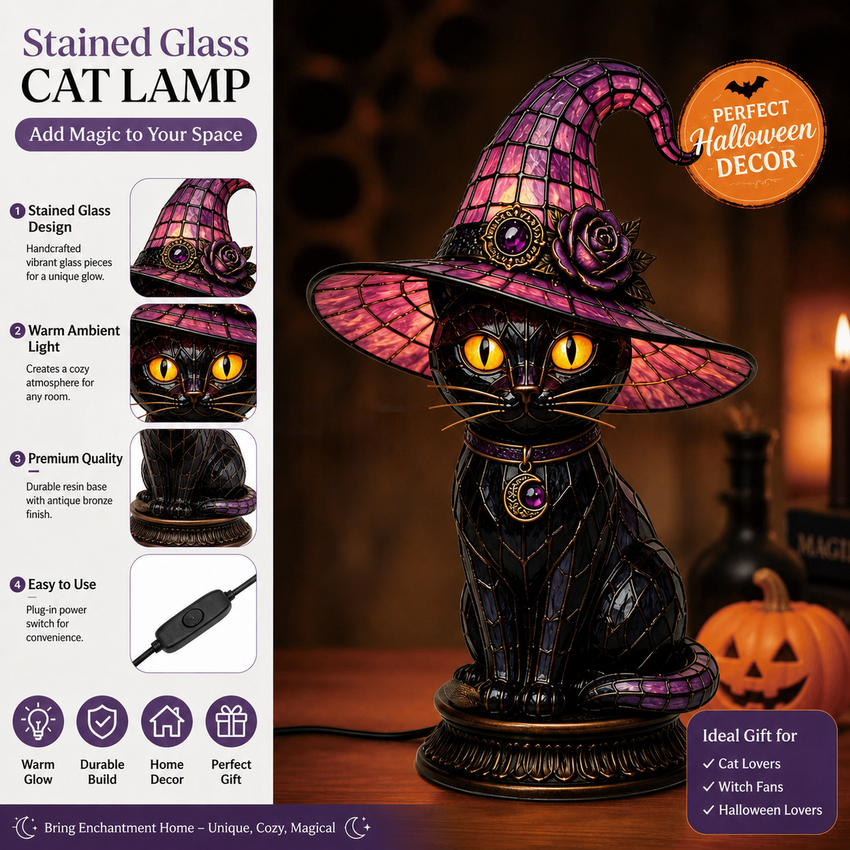 🔥Exclusive Limited Item 👍🔥50%OFF🐈 Gothic Stained Glass Witch Black Cat Table Lamp | Halloween Witch Hat Night Light Decor