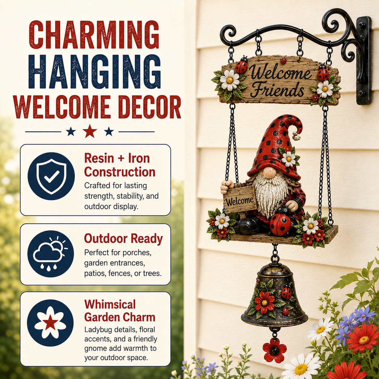 🔥Limited time 50% OFF – Rustic Garden Gnome Bell Outdoor Decor 🐞🌼❤️