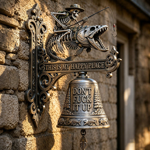 Metal Skeleton Fisherman Wall Bell – “This Is My Happy Place” Rustic Fishing Décor