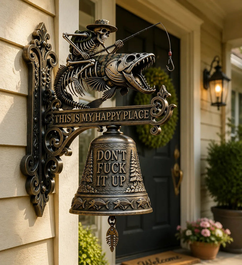 Metal Skeleton Fisherman Wall Bell – “This Is My Happy Place” Rustic Fishing Décor
