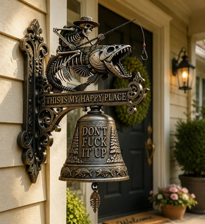 Metal Skeleton Fisherman Wall Bell – “This Is My Happy Place” Rustic Fishing Décor