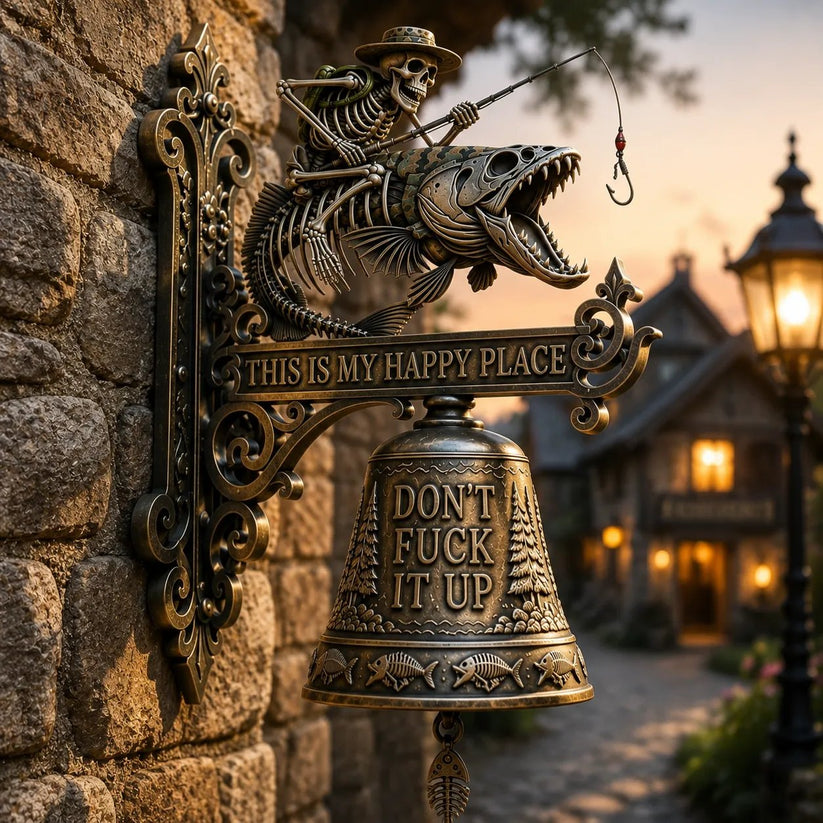 Metal Skeleton Fisherman Wall Bell – “This Is My Happy Place” Rustic Fishing Décor