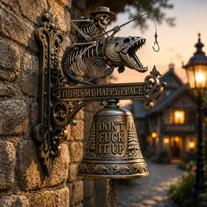 Metal Skeleton Fisherman Wall Bell – “This Is My Happy Place” Rustic Fishing Décor