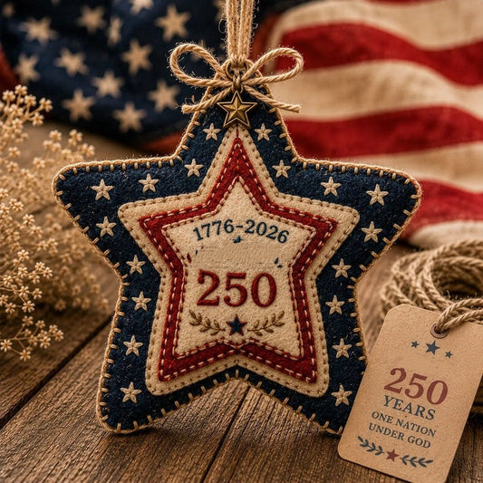 Handmade America 250 Heart Ornament – Patriotic Fabric Decor with Poppy Flower (1776–2026 Anniversary Edition)