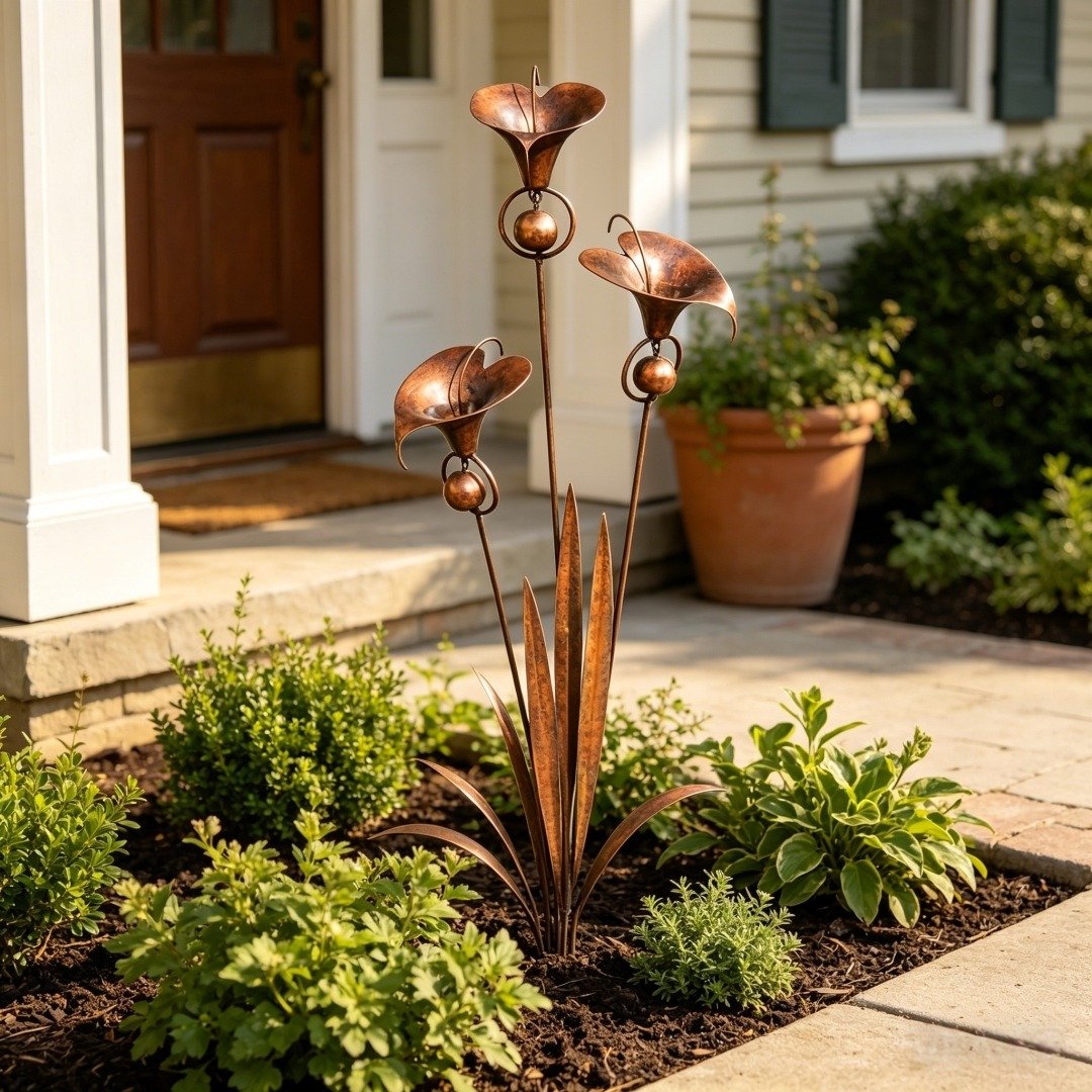 🔥Summer Sale is ON! - Flamed Copper Three Calla Lilies Garden Stake with Bells🌼