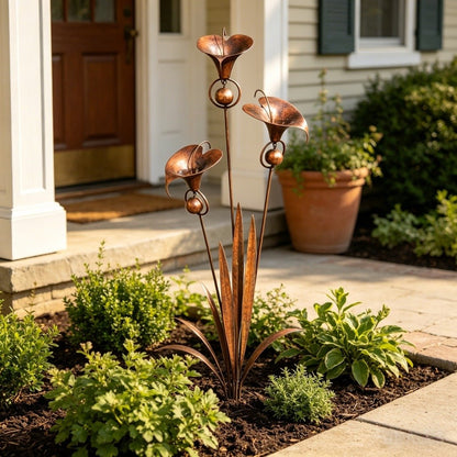 🔥Summer Sale is ON! - Flamed Copper Three Calla Lilies Garden Stake with Bells🌼