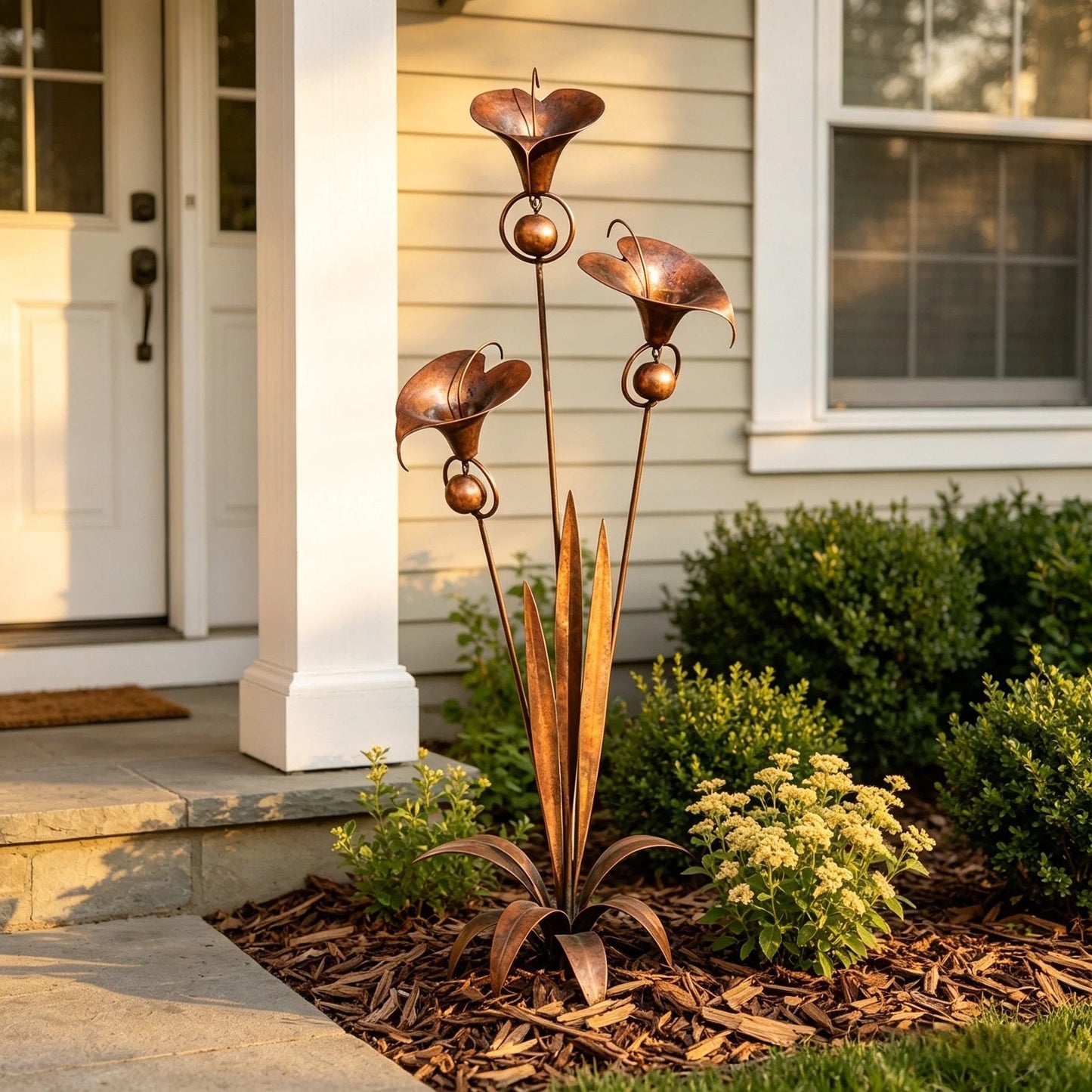 🔥Summer Sale is ON! - Flamed Copper Three Calla Lilies Garden Stake with Bells🌼