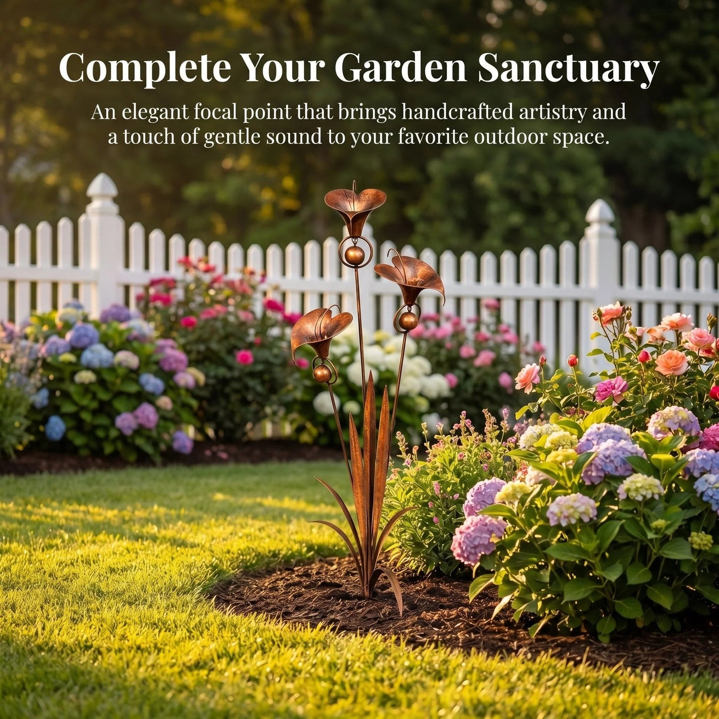 🔥Summer Sale is ON! - Flamed Copper Three Calla Lilies Garden Stake with Bells🌼