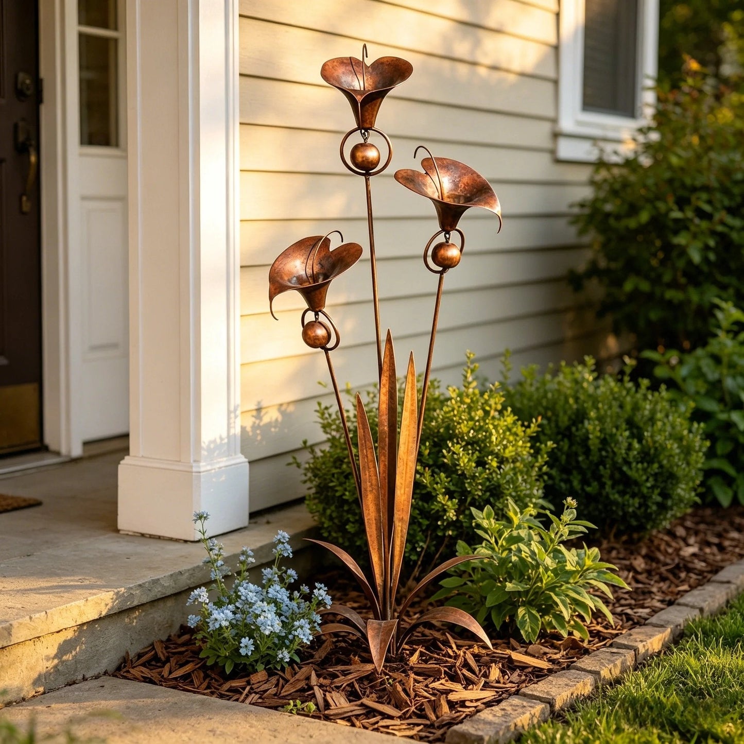 🔥Summer Sale is ON! - Flamed Copper Three Calla Lilies Garden Stake with Bells🌼
