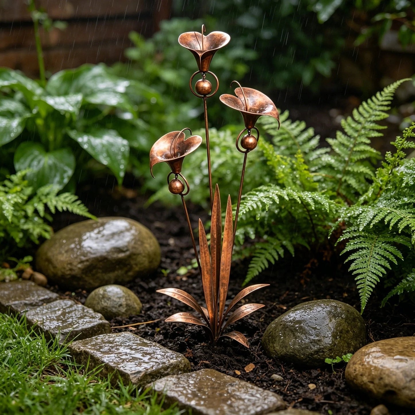 🔥Summer Sale is ON! - Flamed Copper Three Calla Lilies Garden Stake with Bells🌼