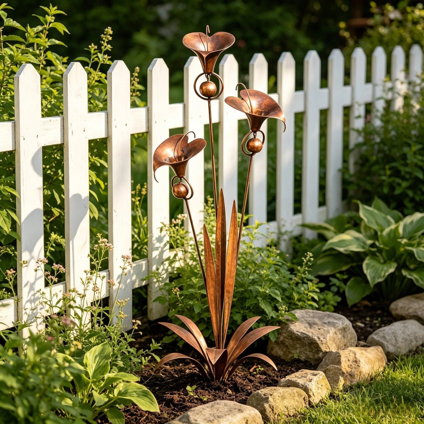 🔥Summer Sale is ON! - Flamed Copper Three Calla Lilies Garden Stake with Bells🌼