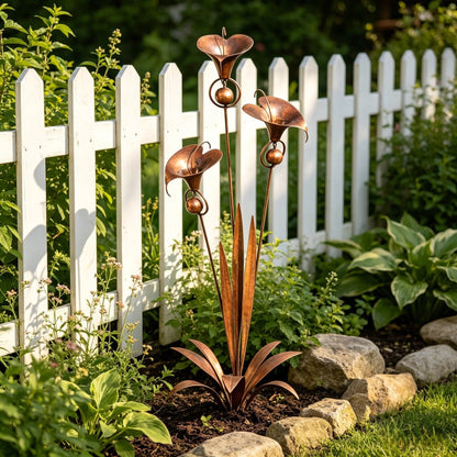 🔥Summer Sale is ON! - Flamed Copper Three Calla Lilies Garden Stake with Bells🌼