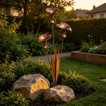 🔥Summer Sale is ON! - Flamed Copper Three Calla Lilies Garden Stake with Bells🌼