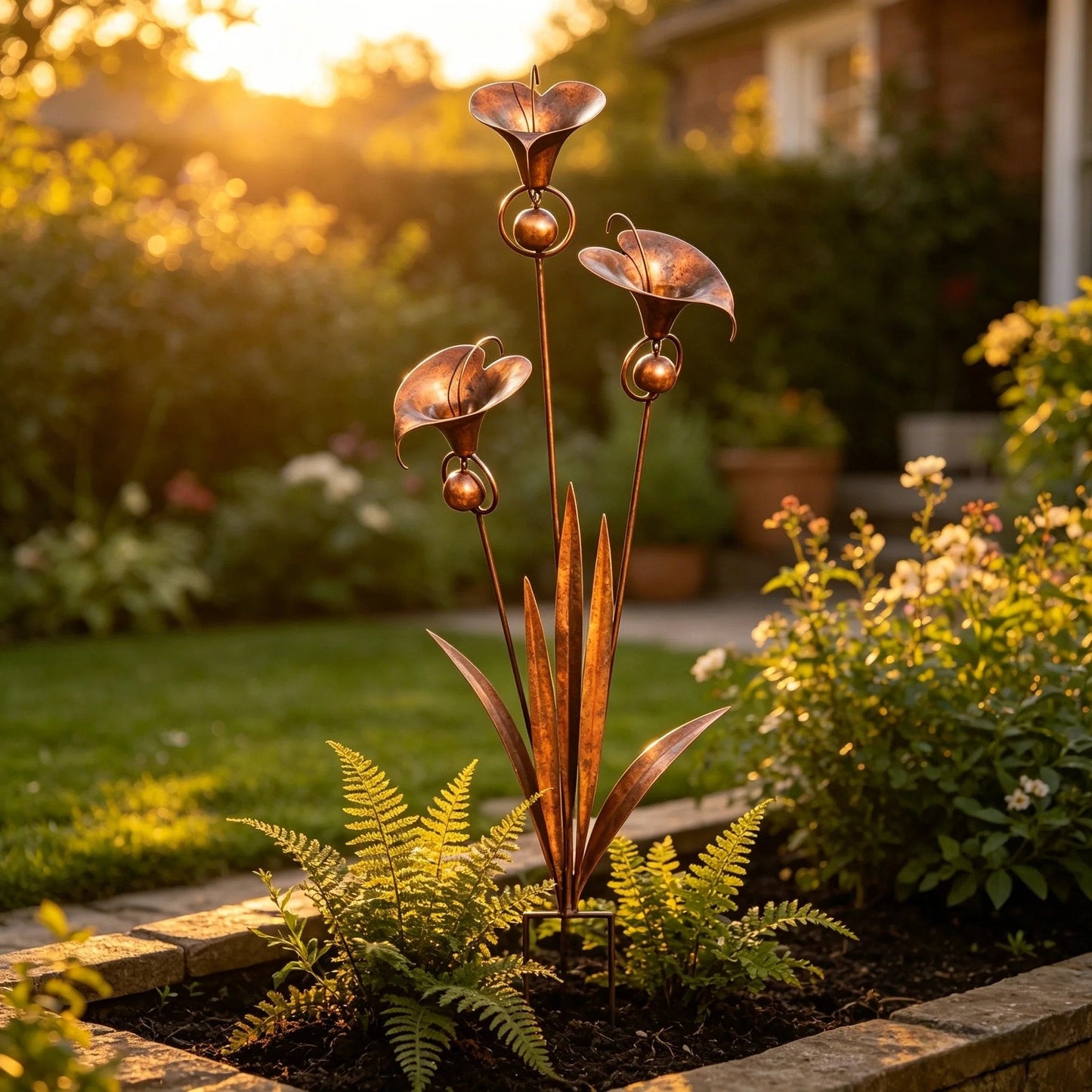 🔥Summer Sale is ON! - Flamed Copper Three Calla Lilies Garden Stake with Bells🌼