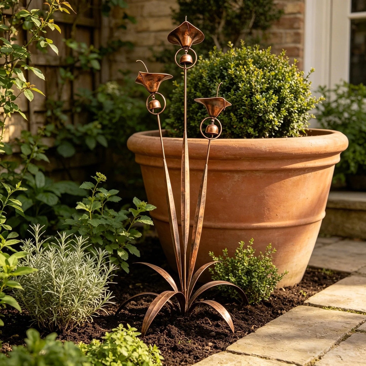 🔥Summer Sale is ON! - Flamed Copper Three Calla Lilies Garden Stake with Bells🌼