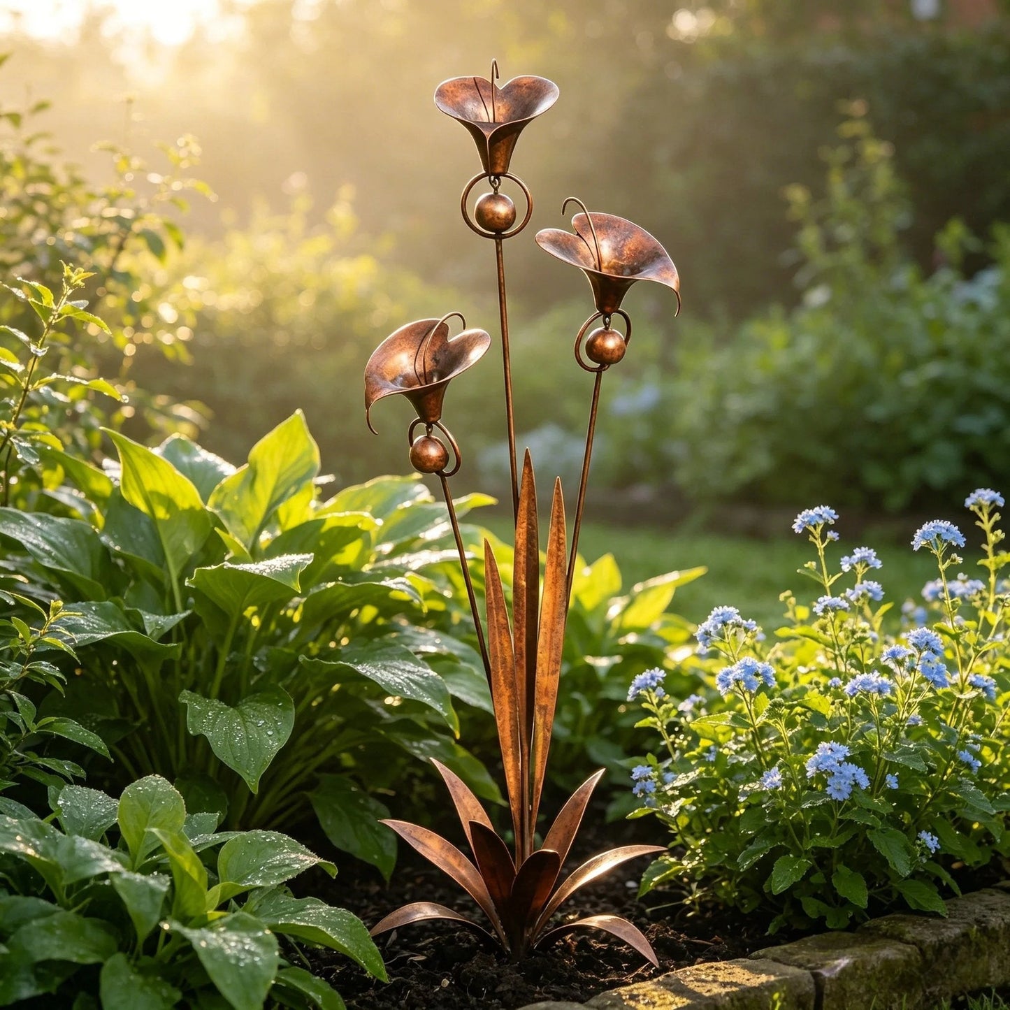🔥Summer Sale is ON! - Flamed Copper Three Calla Lilies Garden Stake with Bells🌼