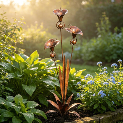 🔥Summer Sale is ON! - Flamed Copper Three Calla Lilies Garden Stake with Bells🌼