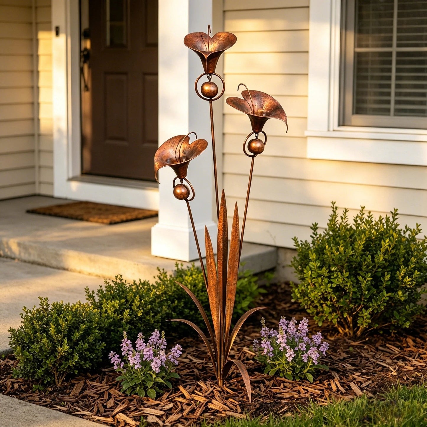 🔥Summer Sale is ON! - Flamed Copper Three Calla Lilies Garden Stake with Bells🌼