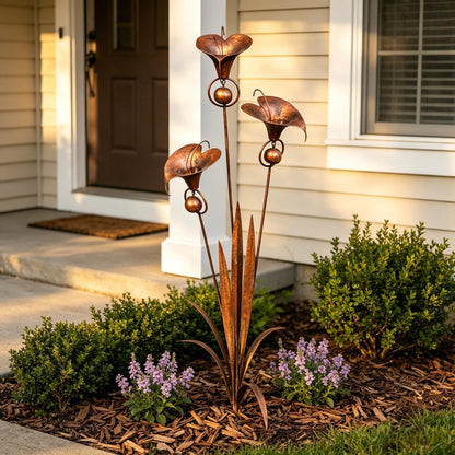 🔥Summer Sale is ON! - Flamed Copper Three Calla Lilies Garden Stake with Bells🌼