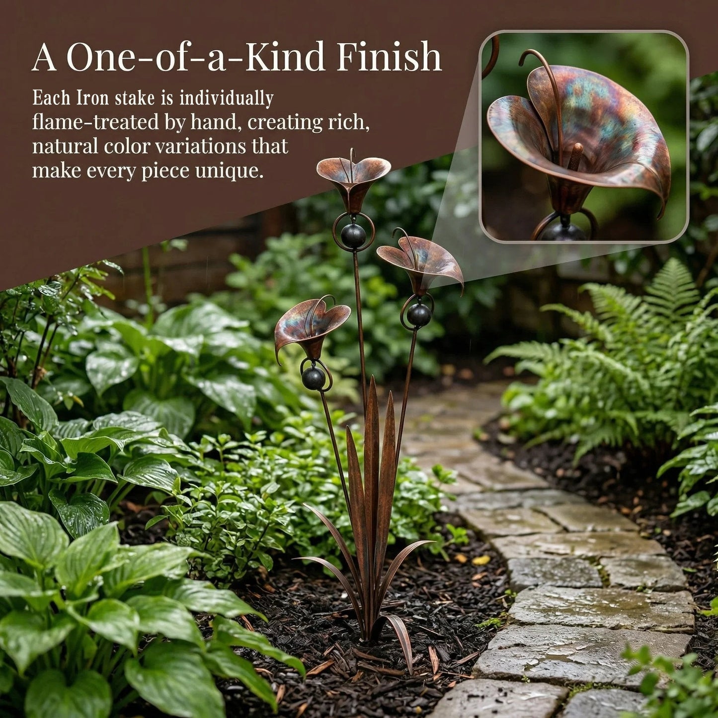 🔥Summer Sale is ON! - Flamed Copper Three Calla Lilies Garden Stake with Bells🌼