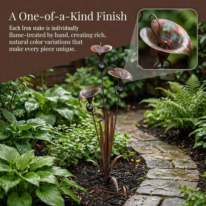 🔥Summer Sale is ON! - Flamed Copper Three Calla Lilies Garden Stake with Bells🌼