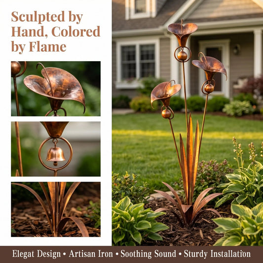 🔥Summer Sale is ON! - Flamed Copper Three Calla Lilies Garden Stake with Bells🌼