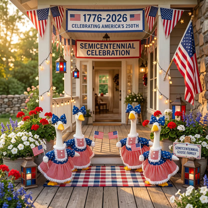 🦢🇺🇸The 250th US Anniversary Edition Porch Goose Decor Set — (Includes Bow & USA Flag) ❤️🤍💙