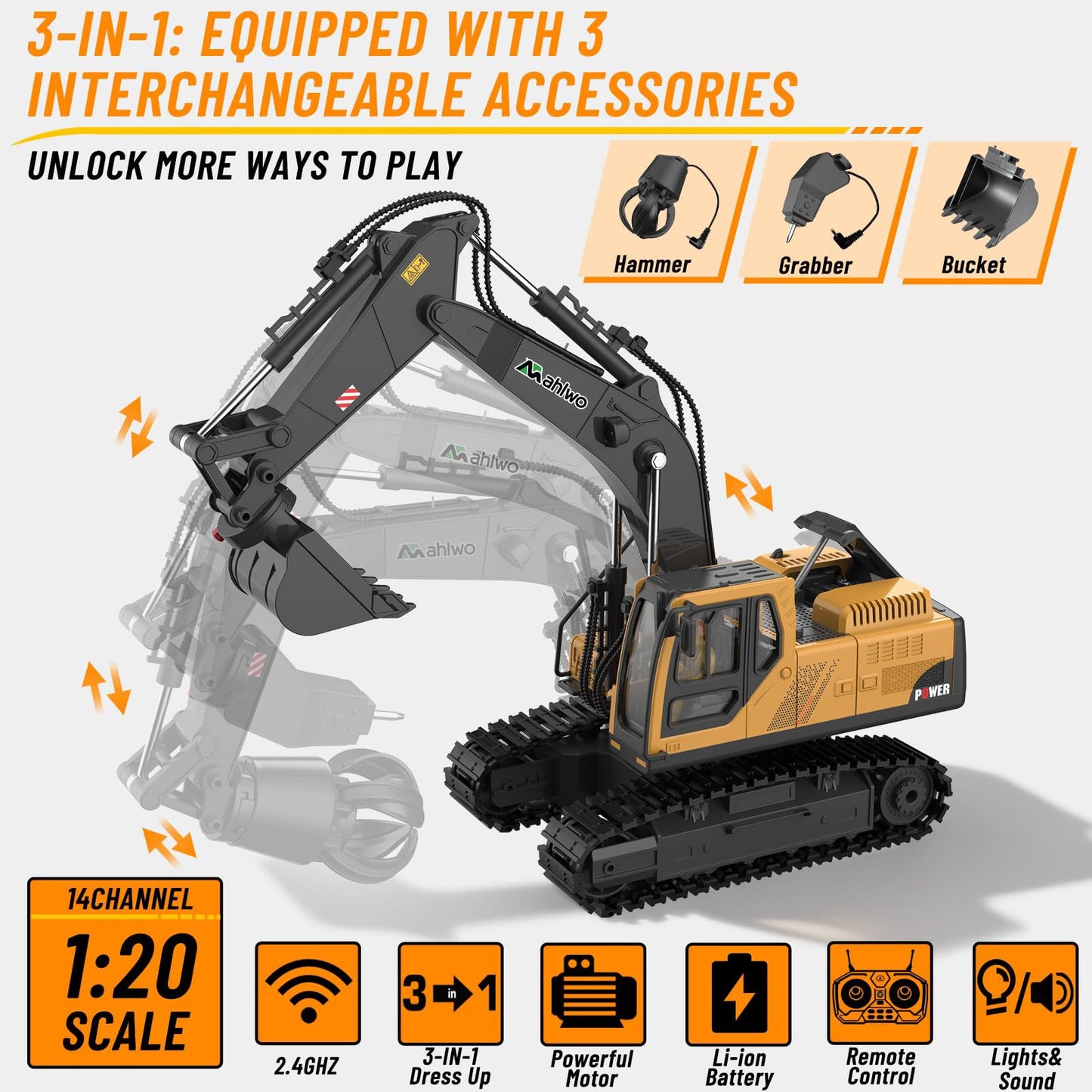 Father's Day Special: 3 in 1 Remote Control Excavator Toy with Metal Bucket/Claw/Drill