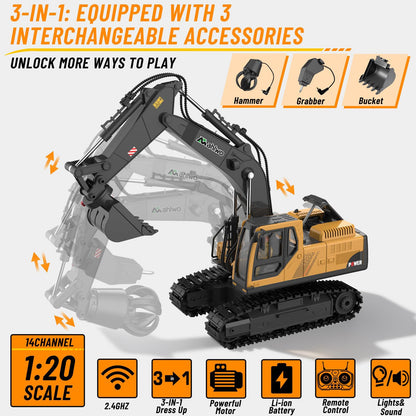 Father's Day Special: 3 in 1 Remote Control Excavator Toy with Metal Bucket/Claw/Drill