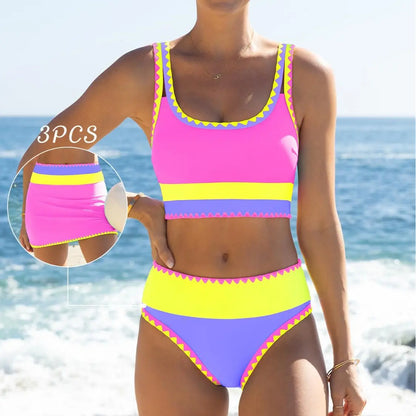 Popvil 3 Piece Bikini Set – Tummy Control High Waisted Swimsuit with Skirt Cover-Up-A0005