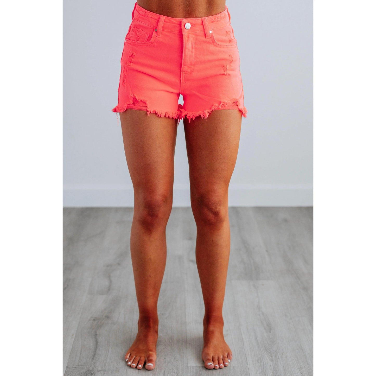 Mae Risen Shorts in Neon Coral – Women's High-Rise Shorts-A0001