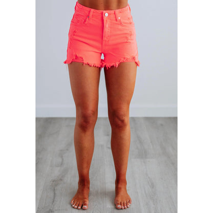 Mae Risen Shorts in Neon Coral – Women's High-Rise Shorts-A0001