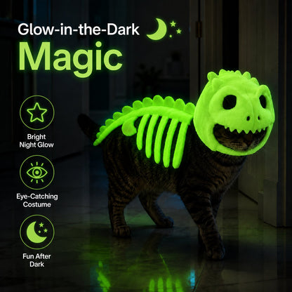 🎉🦖 Glow-in-the-Dark Dinosaur Skeleton Cat Costume — Let Your Kitty Roar at Night! ✨