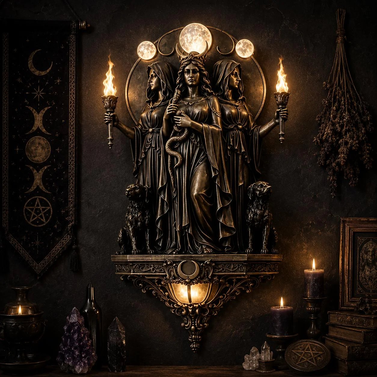 🔥 Hecate Triple Goddess LED Wall Sconce – Mystical Torch Wall Light🌙