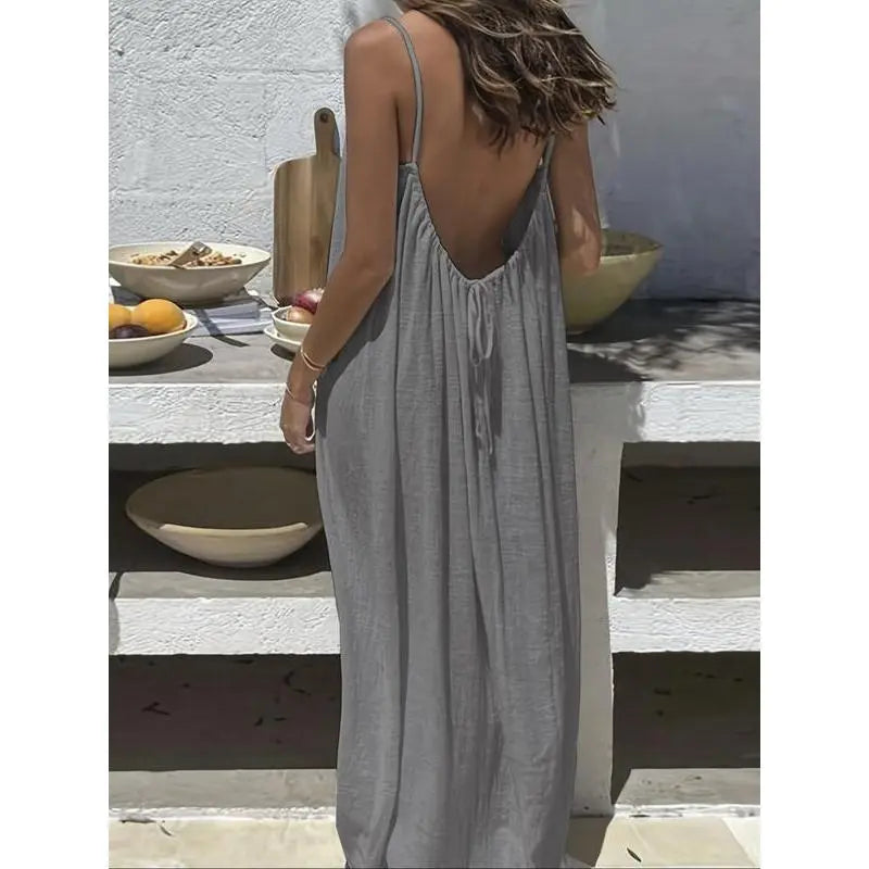 Women's Solid Color Cami Lounge Dress – Elegant Sleeveless Maxi Dress for Summer-A0022