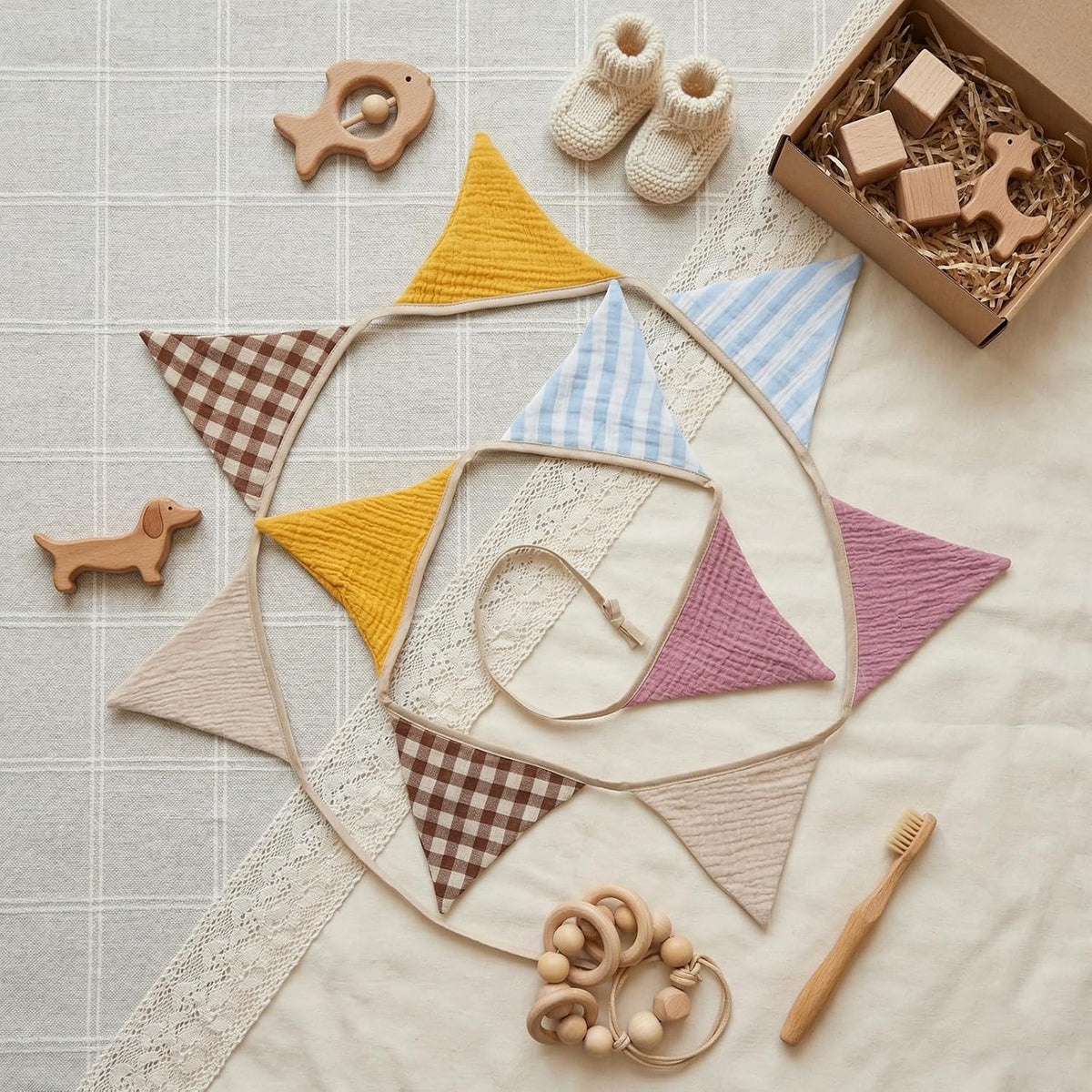 2Pcs Triangle Bunting Flag No-Diy Cotton Fabric Garland Reusable Party Banner for Nursery Baby Shower Birthday Boho Wedding Party Decoration Each 10 Flags(Pink Candy-012)